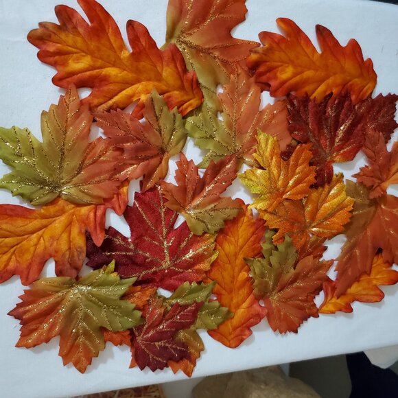 Fall / Autumn Fabric Maple & Oak Leaves with Glitter Highlights – Bag of (24) - Picture 4 of 6